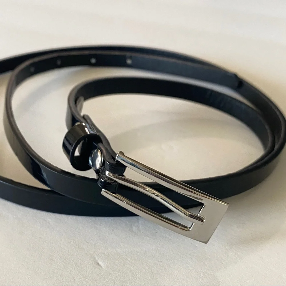 Eliza J Skinny Shiny Patent Black Belt Size 16W Silver Buckle 39-42” (98-108cm)